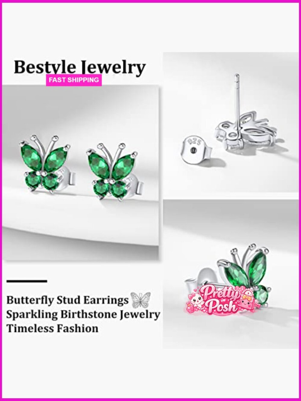 Gold Butterfly Earrings, Dainty Birthstone Studs Hypoallergenic Jewelry - Picture 3 of 7